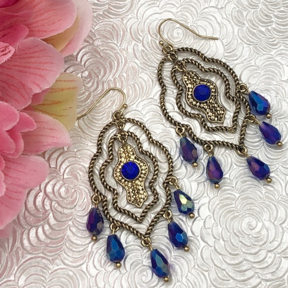 🌼 Open Moroccan Style Swing Gold Blue Dangle Earrings